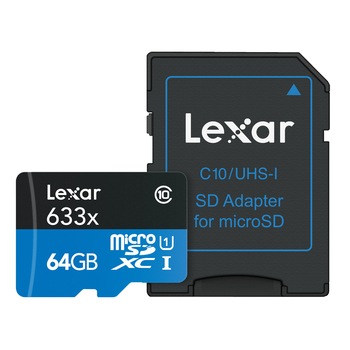 Card de memorie Lexar MicroSDXC, 64GB, Clasa 10, UHS-I Adaptor SD